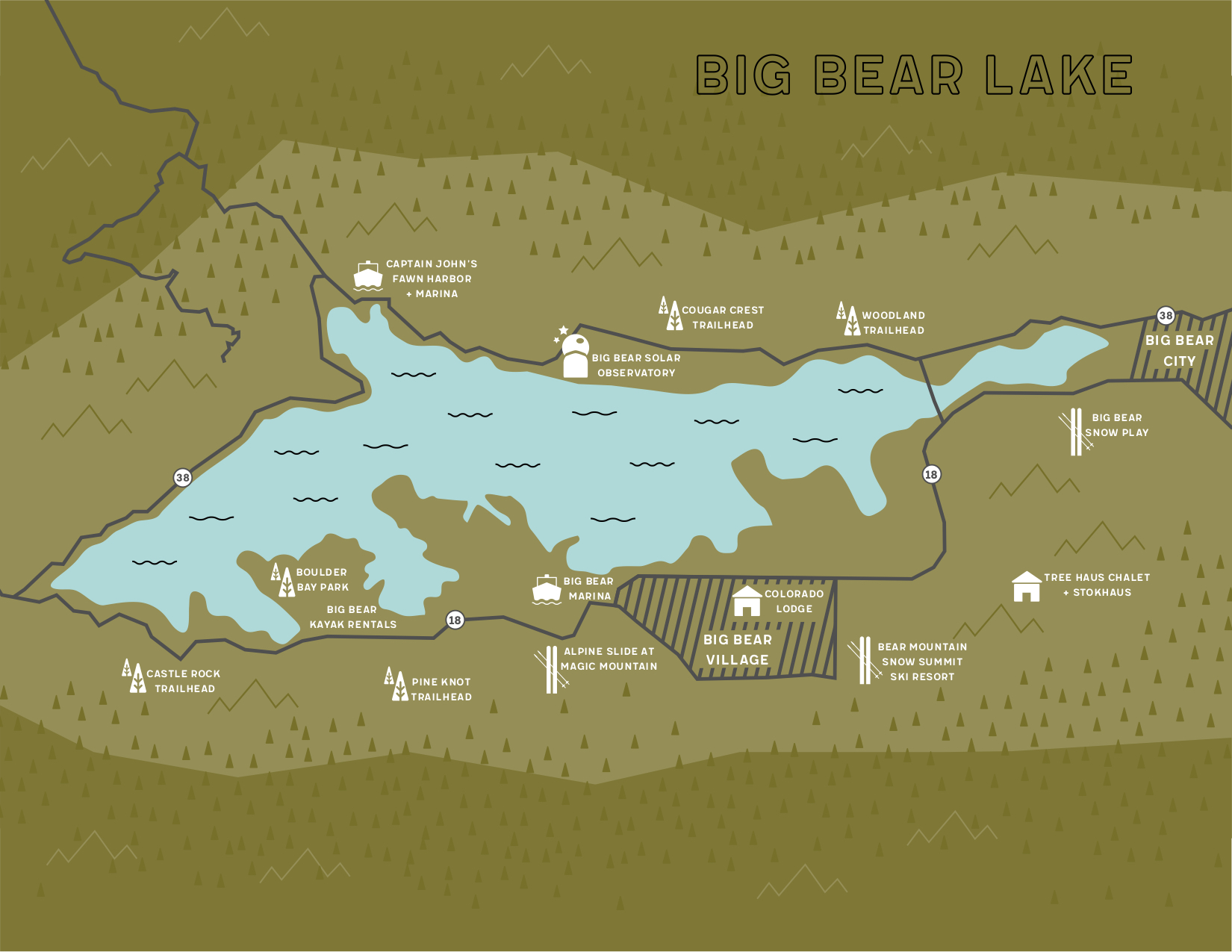 Big Bear Lake area map showing Colorado Lodge location near Snow Summit and Big Bear Village enlarged view