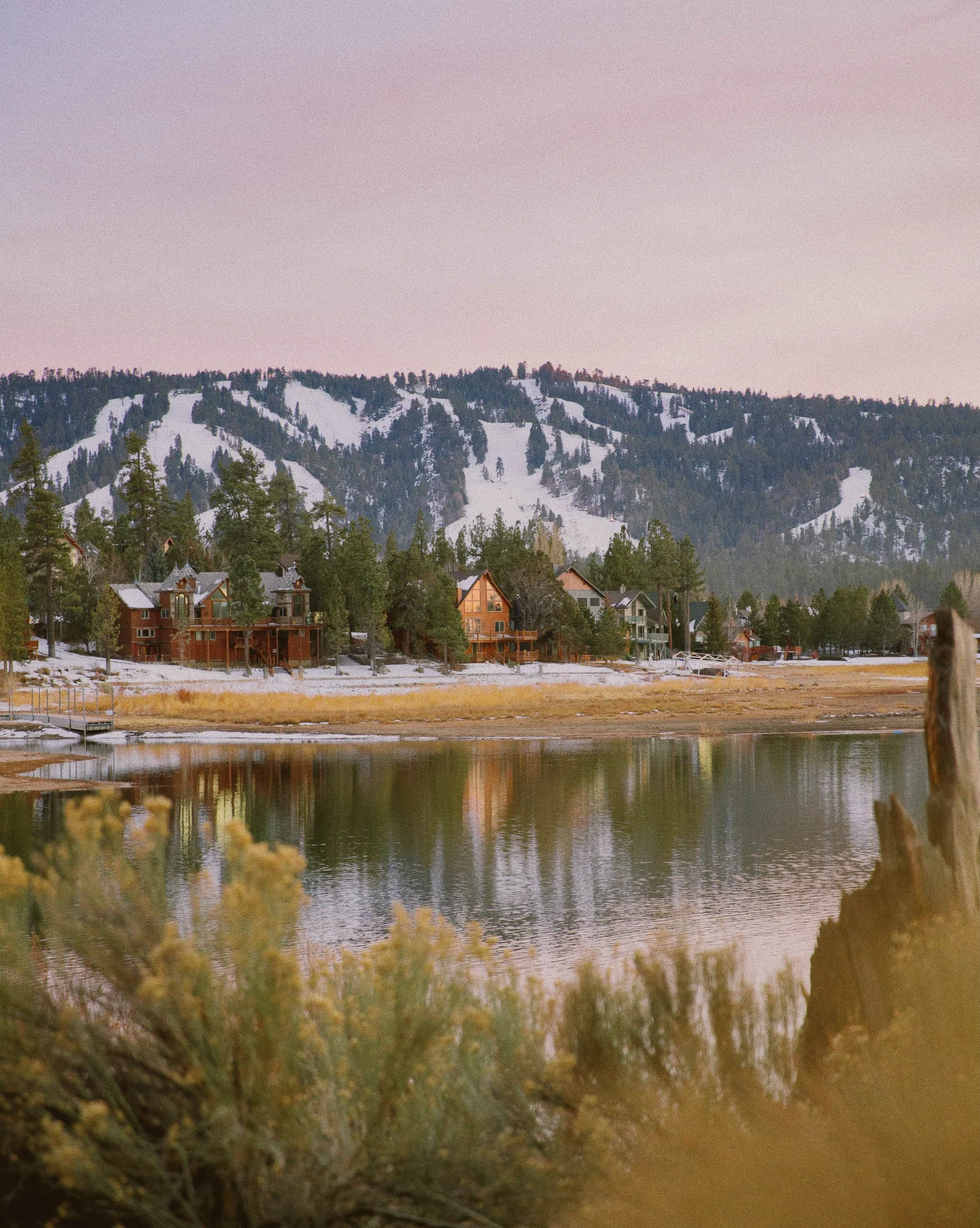 Big Bear Lake with mountain view and wildflowers in the foreground near Colorado Lodge boutique lodge in Big Bear Lake California