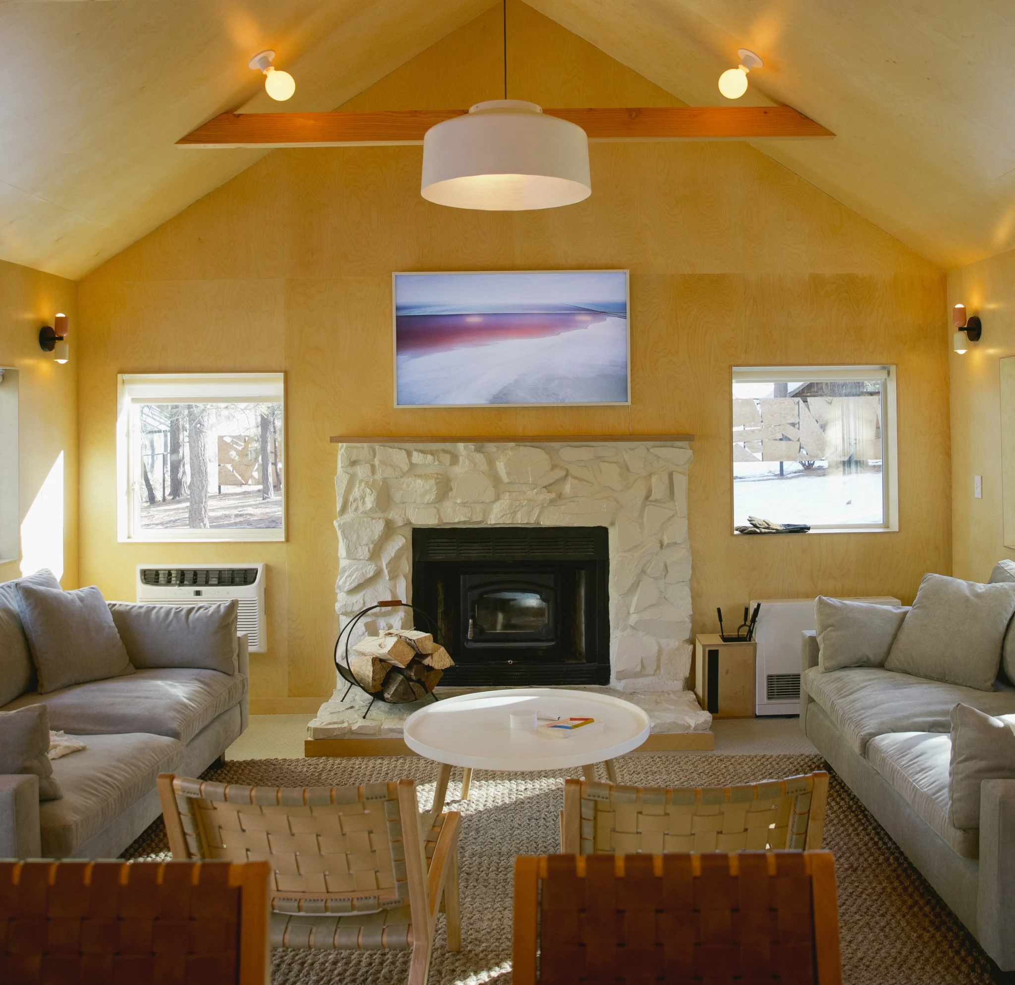 Modern Big Bear cabin living room at Colorado Lodge with vaulted ceiling