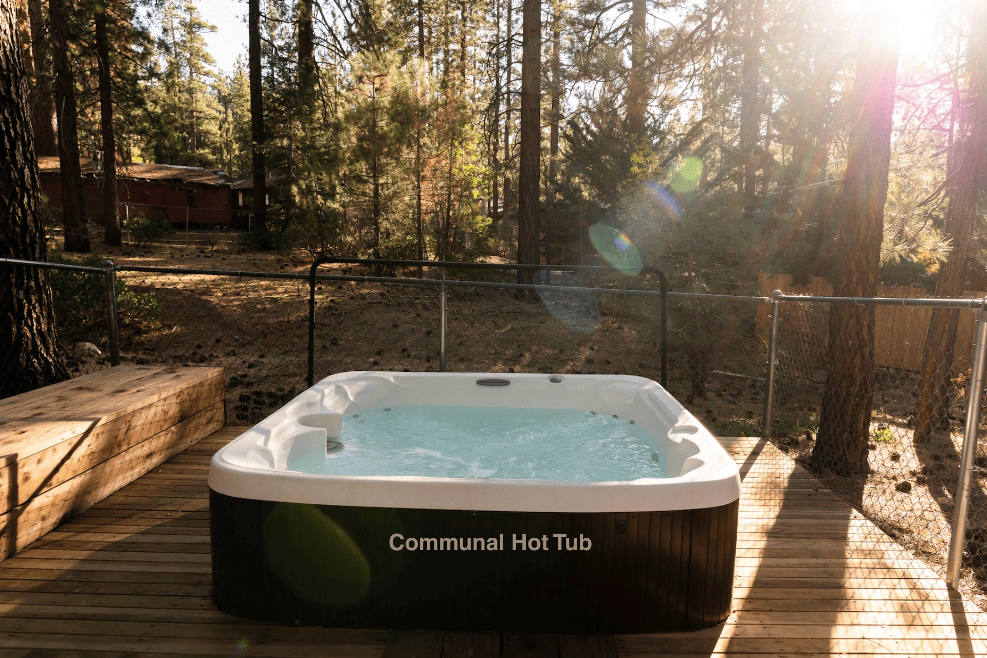 Communal hot tub spa under the pines at Colorado Lodge — available to every guest at our boutique Big Bear Lake lodge