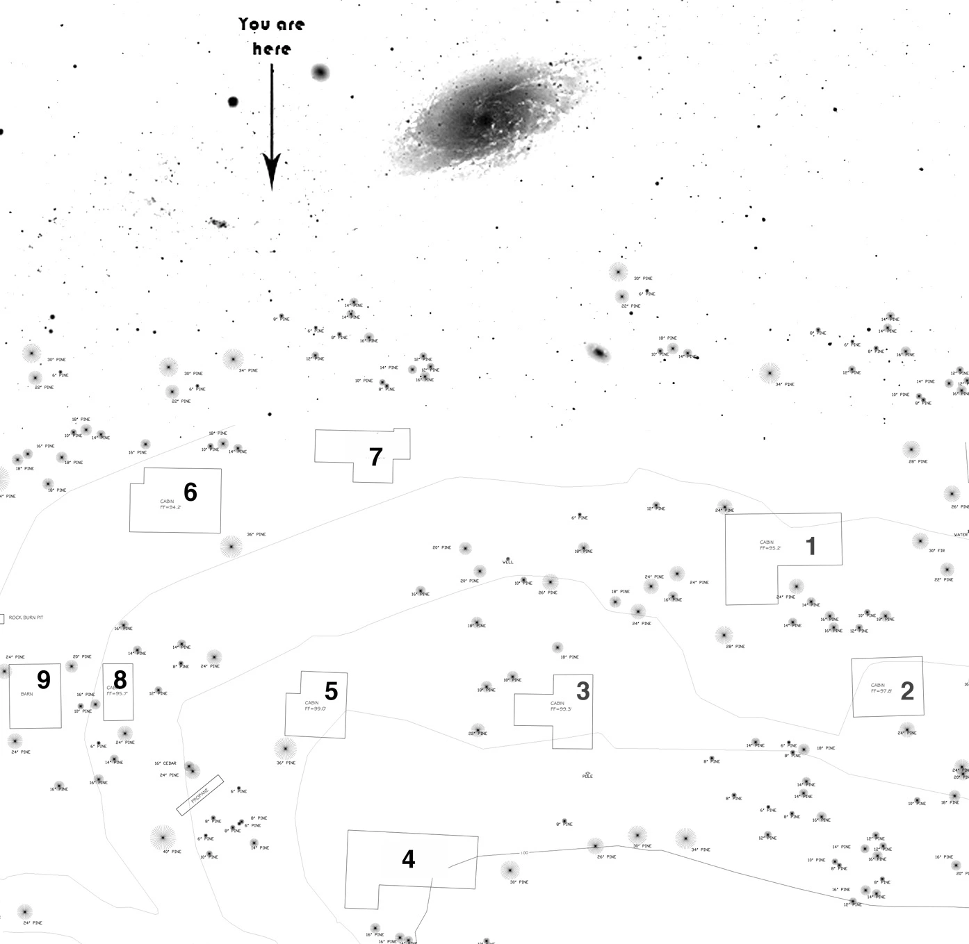 Galaxy Map showing the six cabin layout and Colorado Lodge property location in Big Bear Lake near Snow Summit and Big Bear Village