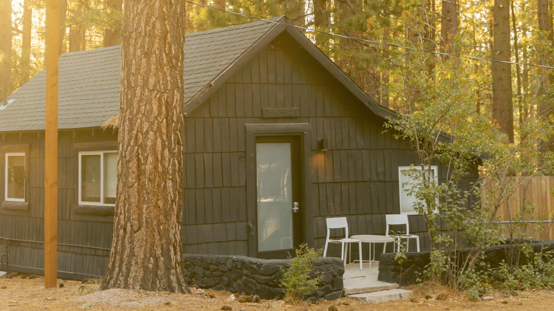 Exterior of a modern Colorado Lodge cabin among the pines on two private acres in Big Bear
